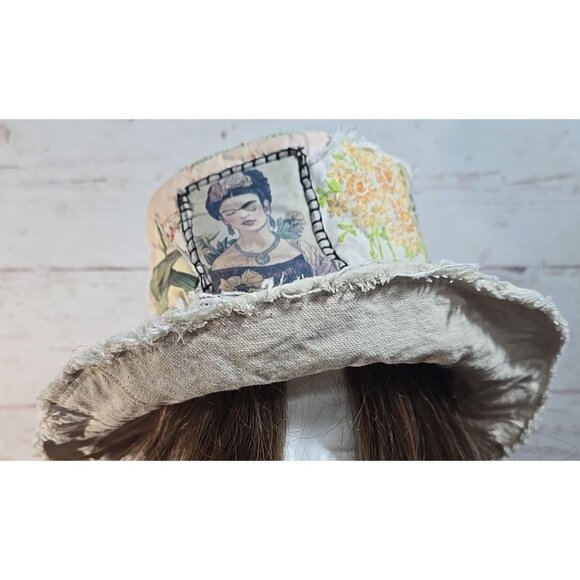 OOAK Magnolia Boho Quilt Top Hat Indie Upcycled Frida Bird Vtg Cat Adjusts L-S - Picture 8 of 14